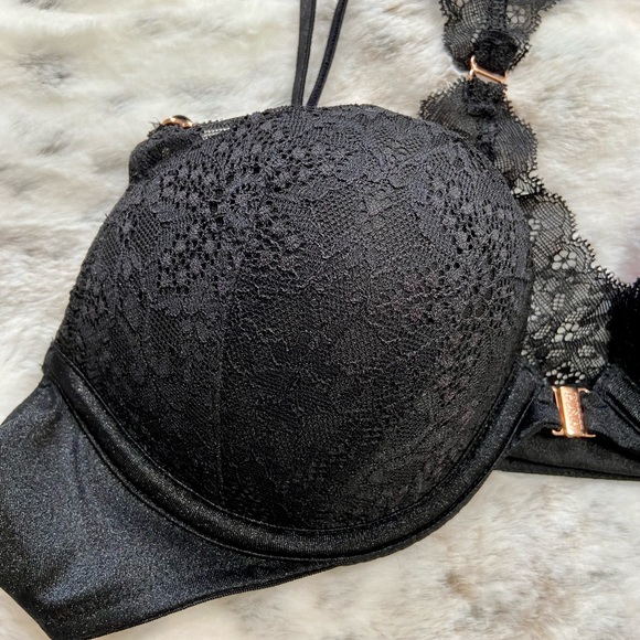 PINK Victoria’s Secret Black lace front clasping push-up bra,w-NWT gray cheekies - Picture 4 of 9